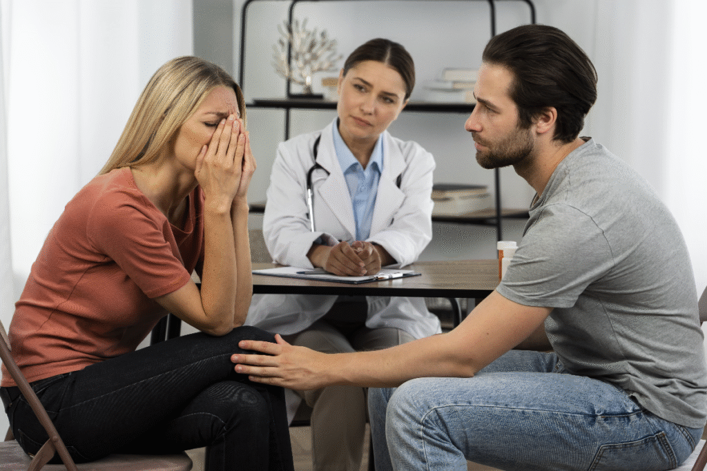 Couple consulting with a fertility specialist at a modern clinic, discussing treatment options for infertility