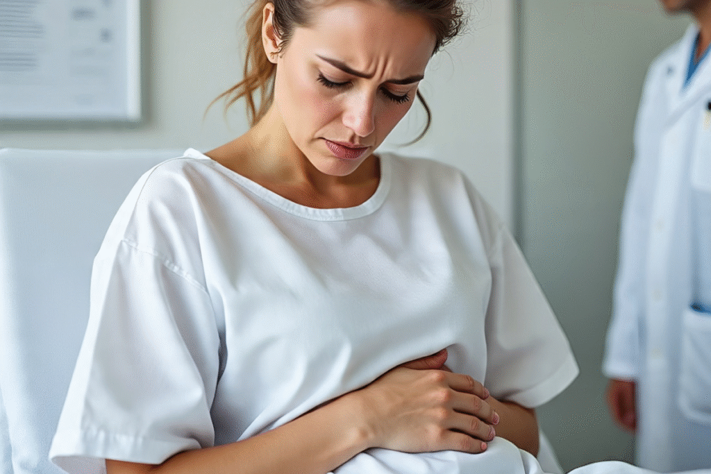 Woman holding lower abdomen, symbolizing ovarian cyst and infertility