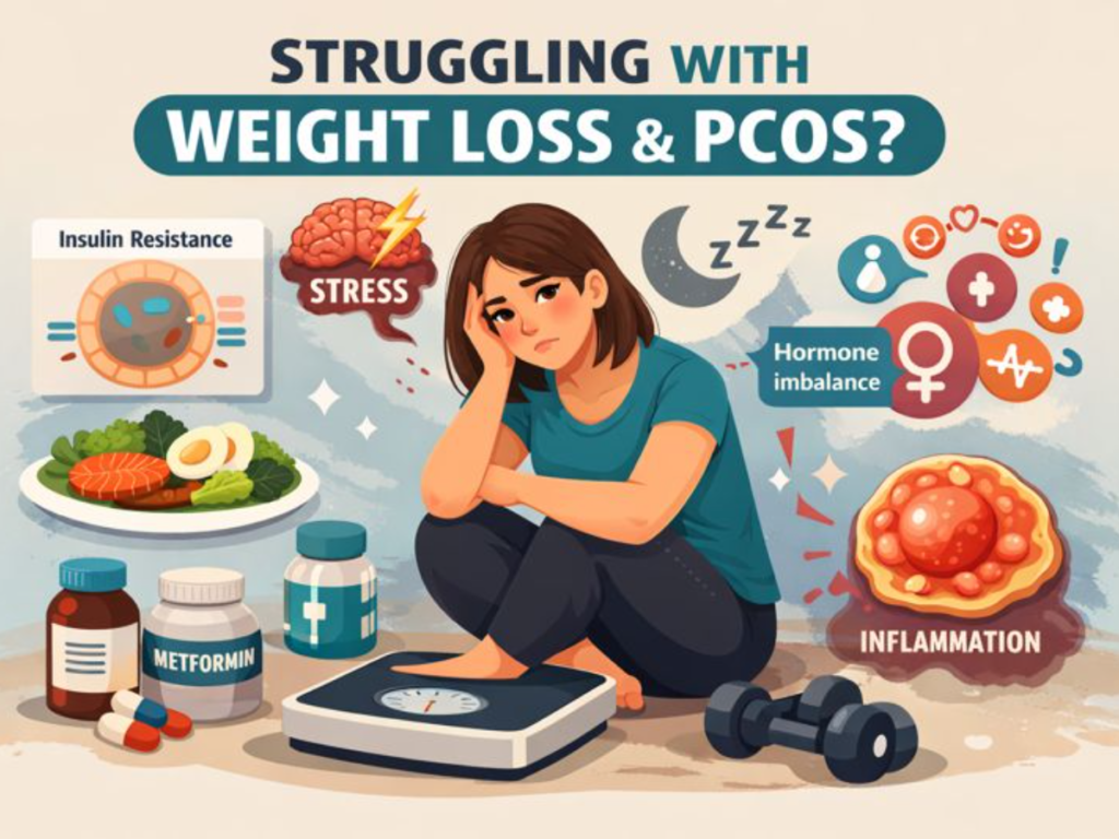 Why Am I Not Losing Weight With PCOS Even After Dieting? Woman struggling with weight loss due to PCOS, surrounded by healthy foods, supplements, and hormone imbalance icons."